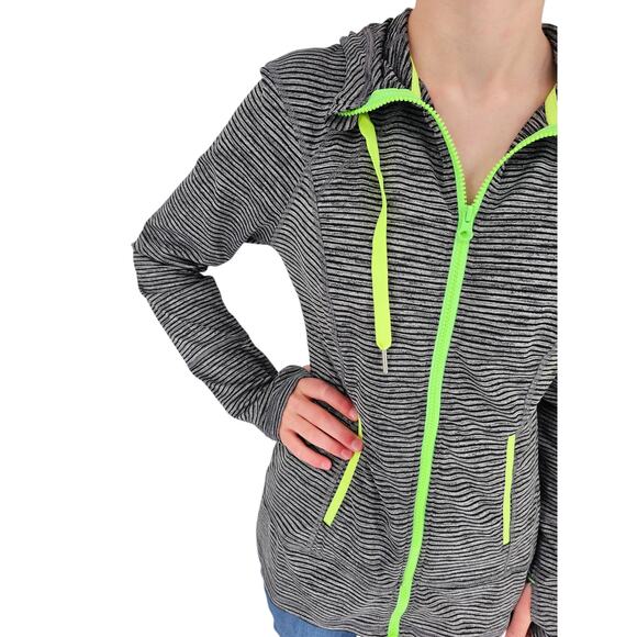 Lukka Womens S Lightweight Athletic Hooded Jacket Gray Striped Neon Green Trim - Picture 2 of 5